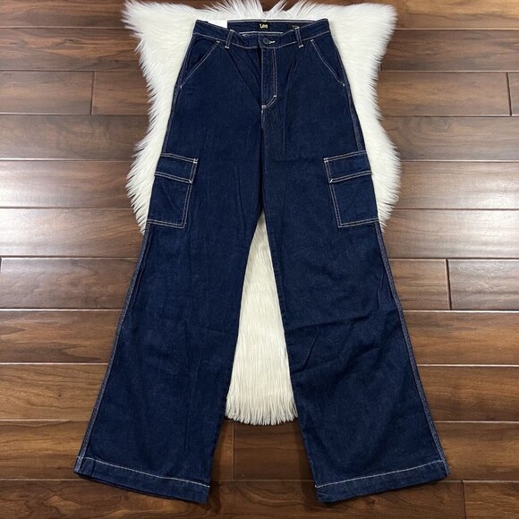 Lee‎ Women's Size 29 Dark Wash High Rise A Line Cargo Denim Jeans Wide Leg - Picture 1 of 11